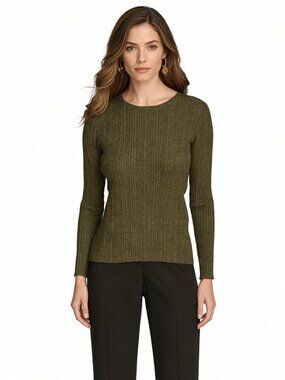NWT Donna Karan Wool Blend Multi Ribbed Crew Neck Long Sleeve Top
